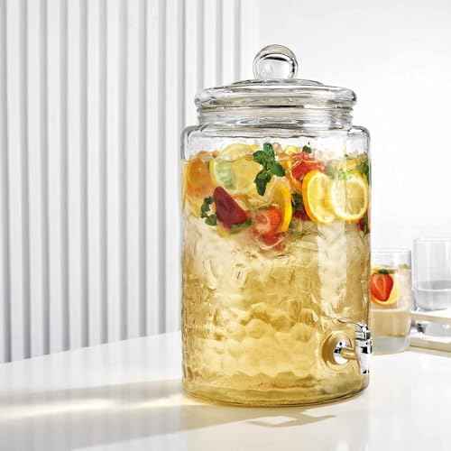 3 Gallon Classic Hammered Glass Ice Cold Beverage Drink Dispenser - With Glass Lid 100% Leak Proof Spigot- Wide Mouth Easy Filling For Outdoor, Parties & Daily Use