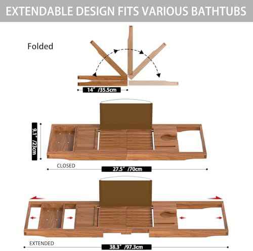Teak Bathtub Tray Caddy, Expandable Wooden Bath Tray for Tub