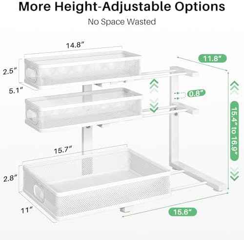 Kitstorack Under Sink Organizer, 2-Pack 3-Tier Height Adjustable Thickened Metal Pull out Cabinet Organizer Shelf, Slide out Storage Drawer Rack for Bathroom Kitchen Pantry Home Laundry Organization