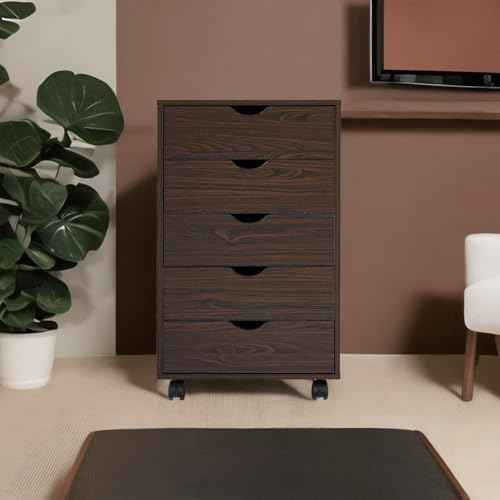 Naomi Home Taylor Storage Cabinet with 5 Drawers, Rolling Organizer Cabinet with Lockable Wheels, Handle-Free Design & Spacious Top Surface, Storage Unit for Home & Office - Espresso