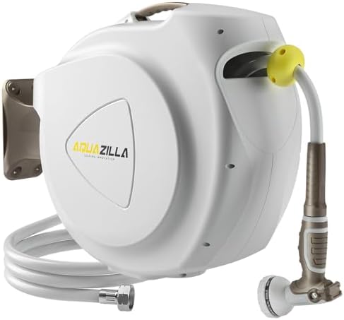 Retractable Garden Hose Reel, 5/8 in 100+6 ft, Heavy Duty Wall Mounted Water Hose Reel, Spring Power Automatic Rewind, Any Length Lock, 180° Swivel Bracket, 10 Pattern Spray Nozzle