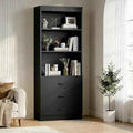70" H Black Bookshelf with Drawers, Tall Bookcase with 3-Tier Open Shelves, Bookshelf and Bookcase with Storage Cabinet for Home Office,Living Room(Black,6-Tier)