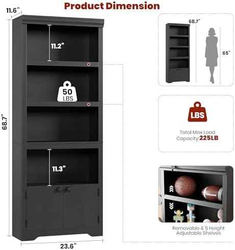 5-Tier Bookshelf, 69" Tall Adjustable Bookcase with Doors, Display Shelf