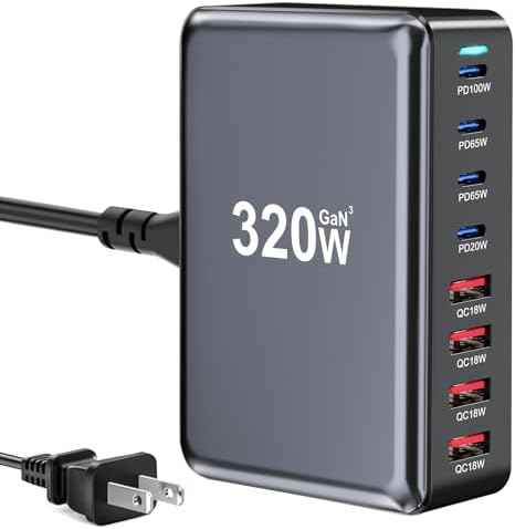 320W USB C Fast Charger Block, Multi-port USB Charging Station, GaN Ⅲ Double 100W PD PPS Port Fast Charging Station for Multiple Devices,Laptop Wall Charger Compatible with MacBook, iPhone 17,iPad etc