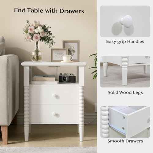 JOINICE White Nightstand with Charging Station, Jenny Lind Spindle