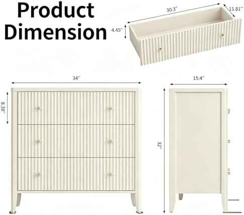 Large Nightstand,34”Wide Fluted Painted Bedside Table with 3 Drawer Dresser,Large End Tables with Storage, Metal Handle & Rounded Corners for Bedroom,Alabaster White