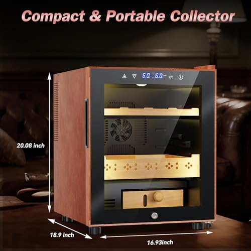 Cigar Humidor with Leather-50L Cooling & Heating Electric Humidor Cabinet, Smart Touch Control Humidity & Temper, Cigar Humidors wtih Spanish Cedar Wood, Digital Display, Safety Lock,Gift for Men