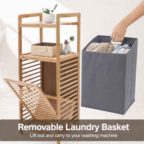 Tilt-Out Laundry Hamper Cabinet, Bamboo Laundry Basket Organizer with Removable Clothes Basket&2 Shelves, 3 Tier Pull Out Bathroom Storage Shelf Cabinet for Clothes