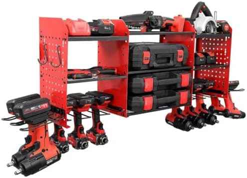 Large Power Tool Organizer Wall Mount with Charging Station, Heavy Duty Cordless Drill Holder, Garage Tool Storage Battery Rack with 8 Outlet, Gift for Men Husband Dad Birthday Anniversary Red