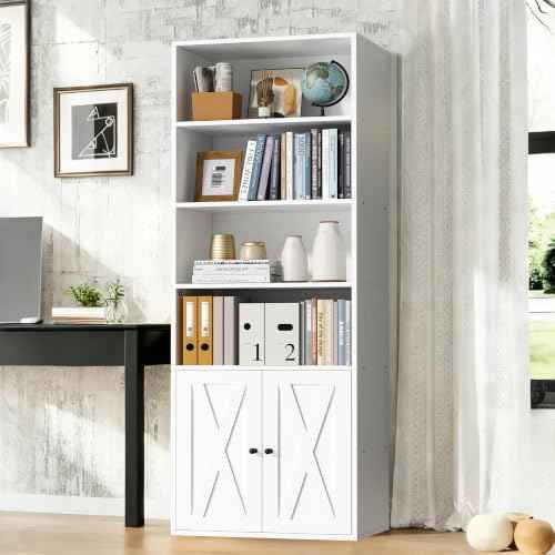Vongrasig 6-Tier Open Bookcase and Bookshelf with Doors, Floor Standing Farmhouse Display Storage Shelves 71 Inch Wood Tall Bookcase for Home Office, Living Room, Bed Room, White