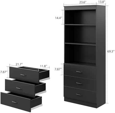 70" H Black Bookshelf with Drawers, Tall Bookcase with 3-Tier Open Shelves, Bookshelf and Bookcase with Storage Cabinet for Home Office,Living Room(Black,6-Tier)