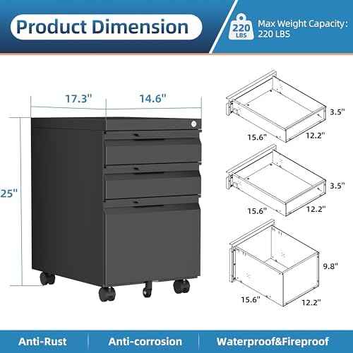 3 Drawer Mobile File Cabinet with Lock, Metal Small Filing Cabinets for Home Office Organizer,Rolling Filing Cabinets Under Desk Storage for Letter/Legal/A4,Assembly Required,Black