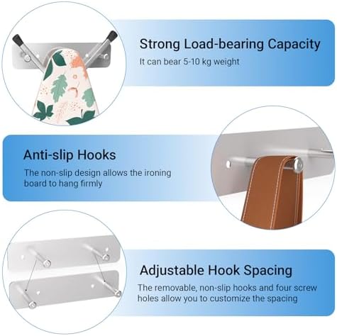Ironing Board Holder, Ironing Board Hanger Wall Mount for Y or T Shaped, Laundry Rooms Stainless Steel Iron Board Hook with Adjustable Hooks
