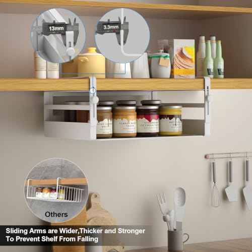 AmonHouseware 2 Pack Under Shelf Storage Basket Organizer,Adjustable Hanging Under Cabinet Add-on Storage Racks Slide-in Baskets Organizer for Laundry Room Kitchen Pantry Desk Bookshelf, White