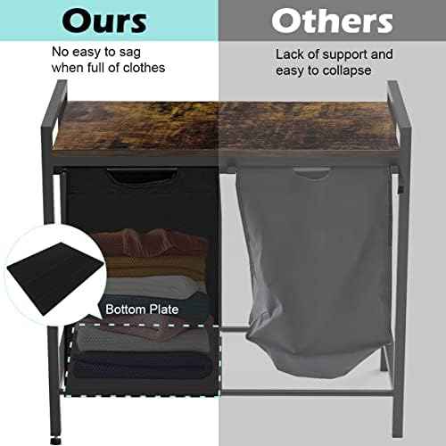 Large Laundry Hamper Sorter with 3 Removable & Pull-Out Sorting Bags, Wooden Top Shelf, Versatile Laundry Basket Organizer for Laundry Room, Bathroom, Dorm, 8 * 3 Gal, Black