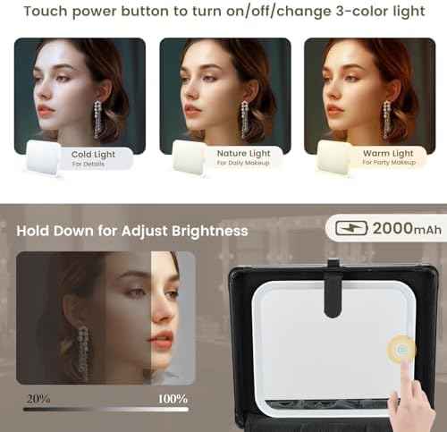 Faquenc Makeup Case with Lighted Vanity Mirror, Makeup Organizer Box Travel Make up Case with LED Mirror Portable Cosmetic Train Case for Countertop Lockable Makeup Suitcase with Adjustable Dividers
