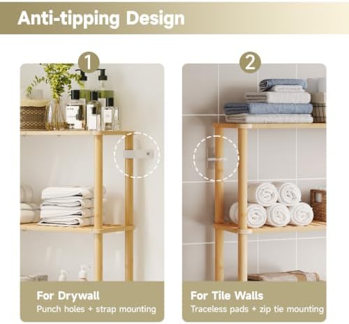 Over The Toilet Storage,3-Tier Bamboo Bathroom Shelf with Paper Holder
