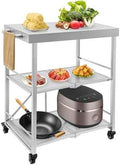 3 Tiers Folding Stainless Steel Utility Service Cart with Wheels-Heavy Duty 660LBS Outdoor Stainless Grill Cart, Kitchen Utility Carts and Service Trolley Carts for Transporting Restaurant Supplies