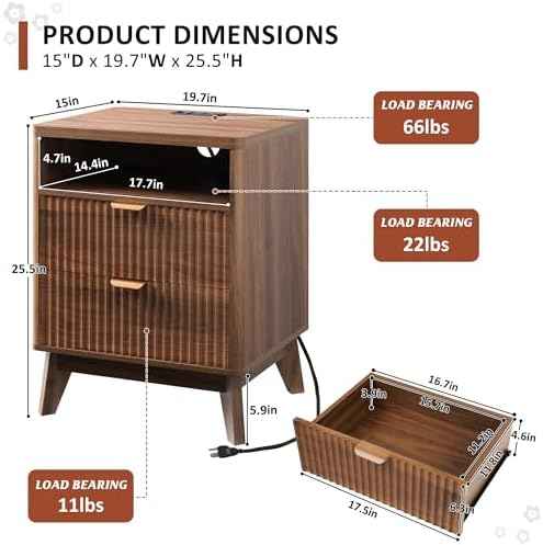 LYNCOHOME Fluted Nightstand with Charging Station, 19.7 inch Wide End Table with 2 Drawers, Modern Wood Bedside Table for Bedroom,Brown,1 Pcs