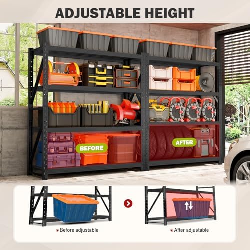 5000LBS Garage Shelving Heavy Duty, 59” W Storage Shelves, 4-Tier Adjustable Metal Storage Shelves, Steel Industrial Shelving Unit, Metal Shelving for Garage, Basement, Warehouse (Black, 59x24x79in)