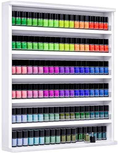 Kikihouse Wood Nail Polish Rack, Wall Mount Nail Polish Organizer, 6 Layers Nail Salon Storage Display Shelves Perfume Bottles Essential Oil Holder w/Acrylic Baffle, White