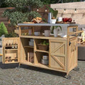 50.25" Kitchen Island Rolling Bar Cart & Storage Cabinet, Farmhouse Solid Wood Outdoor Grill Table with Stainless Steel Top and Spice, Towel Rack for BBQ,Natural