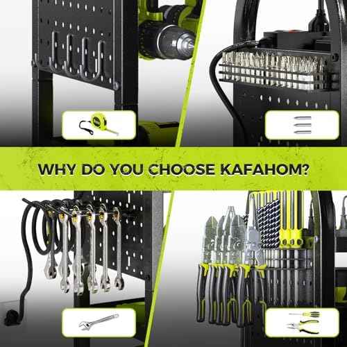 KAFAHOM Power Tool Organizer Cart with Charging Station,Garage Floor Rolling Storage on Wheels for Mechanic,Mobile 8 Drill Holder, Utility Cart with Battery Charging 8 Outlet Power Strip