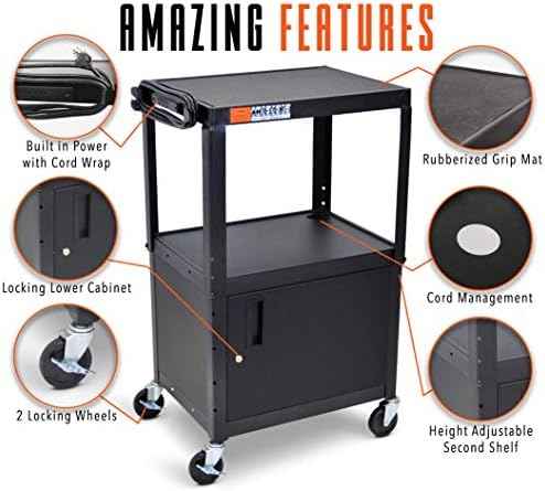 Line Leader AV Cart w/Locking Cabinet, Black Metal Utility Cart with