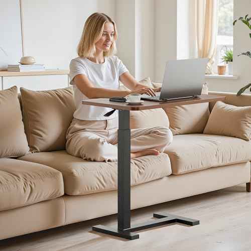 Simple Deluxe Adjustable Overbed Bedside Table with Wheels, Pneumatic Adjustable Hospital & Home Use Bed Table, Rolling Laptop Table, Mobile Standing Desk, Brown