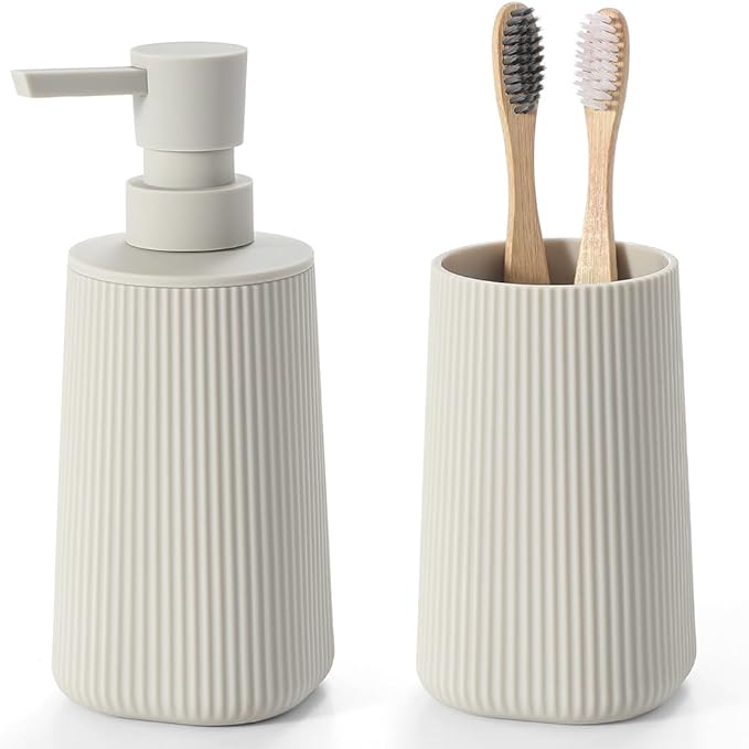 Bathroom Accessories 2 Piece Soap Dispenser and Toothbrush Holder Set Striped by KellyHome