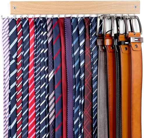Belt and Tie Organizer for Closet, Tie and Belt Rack Wall Mounted with 20 Storage Hooks, Non Slip 180 Degree Rotating Tie Holder Belt Hanger for Closet/Wall Mount