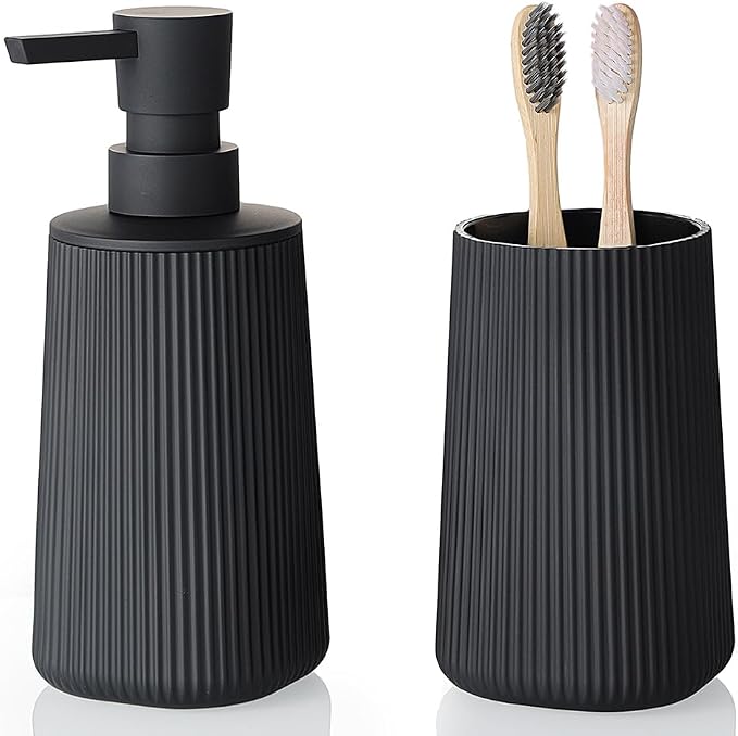 Bathroom Accessories 2 Piece Soap Dispenser and Toothbrush Holder Set Striped by KellyHome