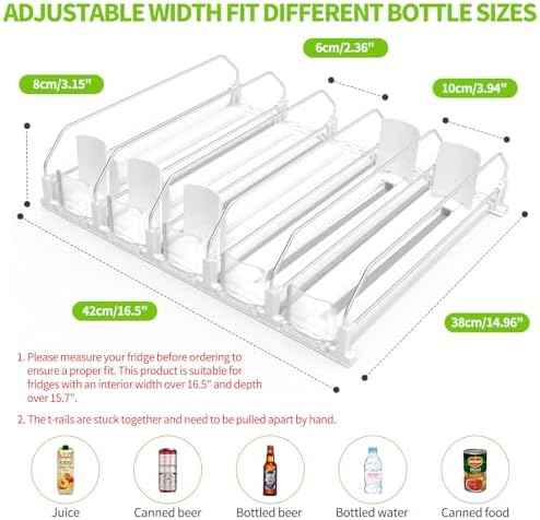 Coanto Drink Organizer for Fridge, Soda Can Organizer for Refrigerator with Automatic Pusher Glide, Adjustable Width Drink Dispenser for Fridge, Holds up to 25 Cans or Bottles, 5 Row
