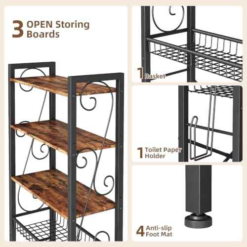 Over-The-Toilet Storage Rack 4-Tier,Bathroom Organizer Shelf Over Toilet,Adjustable Wooden Shelves and Basket,Freestanding Above Toilet Shelf,Space Saver for Rooms(Black Rack-Rustic Brown Shelves)