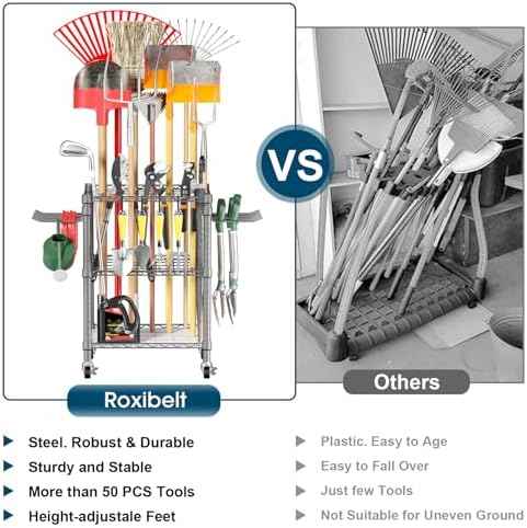 T1 Garden Tool Organizer（with Lockable Wheels） Heavy Duty Garage Tool Storage for Yard，Shed，Outdoor and Lawn，Freestanding Tool Organizers and Storage UP to 50 Tools，Grey with Anti-Tip Device