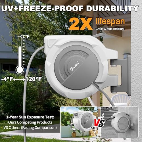 SILVEL Retractable Garden Hose Reel – 5/8 in x 75FT Heavy Duty Automatic Hose Reel Wall Mounted, Upgraded UV Resistant with 10 Pattern Nozzle, Any Length Lock & Slow Return System, 180°Swivel Bracket