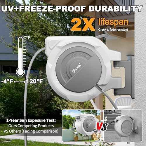 Retractable Garden Hose Reel, 1/2" x 150FT Heavy Duty Auto Hose Reel Wall Mounted, Upgraded UV Resistant with 10 Pattern Nozzle, Any Length Lock & Slow Return System,180°Swivel Bracket,Light Grey