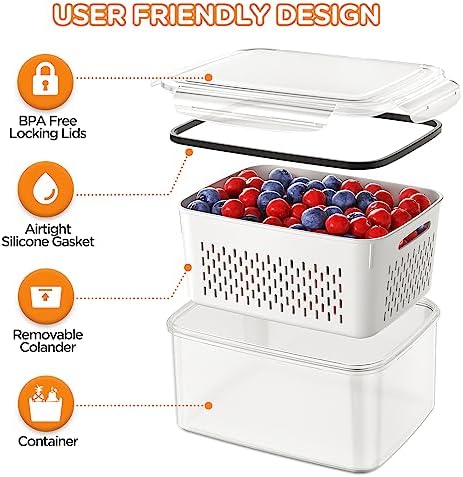 6 PCS Fruit Storage Containers for Fridge with Removable Colanders, 6 Plastic Food Storage Containers with 6 Lids, Leakproof Produce Containers Keep Fruits, Vegetables, Berry, Meat Fresh Longer