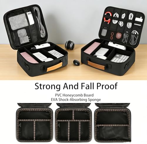 Extra Large Electronics Organizer Travel Case, Cable Organizer Bag with Shoulder Strap, Electronics Accessories Storage Double Layer Bags for Cord, Tablet, Headphone, Charger, Tools, DJ Gifts-Black