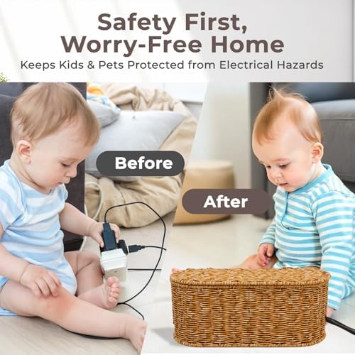 Cable Management Box, Handmade Rattan Cord Organizer for Power Strip