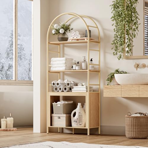 BREEZEHEAT Arched Bookshelf, 72" Tall Bookcase with Storage Shelves, Floor Standing Open 4-Tier Book Shelf with Metal Frame, Large Organizer for Living Room, Home Office, Bedroom, Natural