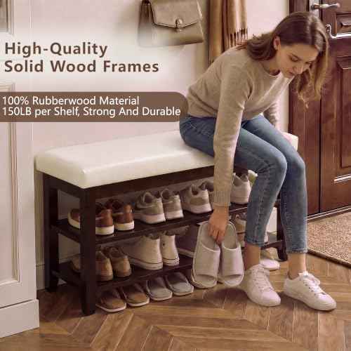 40" Solid Wood Shoe Storage Bench, 2 Tier Shoe Rack for Entryway, Beige