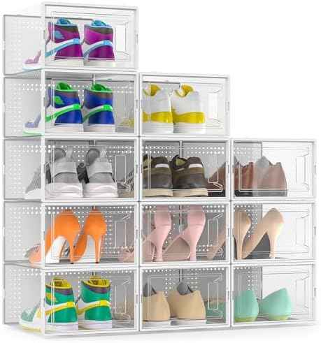 12 Pack Large Stackable Clear Plastic Shoe Storage Boxes Organizer, White