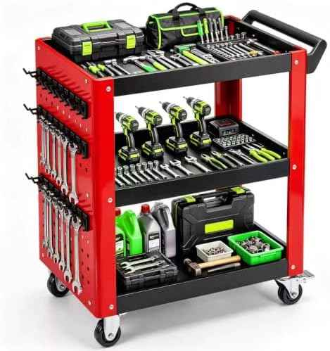 3-Tier Rolling Tool Cart with Pegboard, 1000LBS Load 2 Lockable Casters