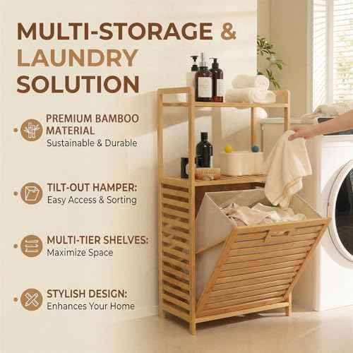 Baveke Tilt Out Laundry Hamper with 2 Tier- Bamboo Laundry Basket, Natural