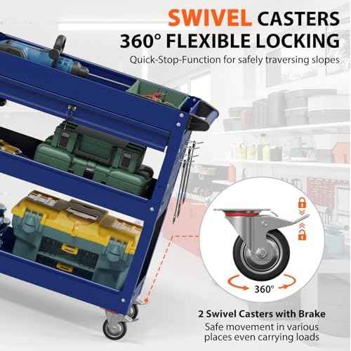 3 Tier Heavy Duty Rolling Tool Cart with Drawers, Large Storage Utility Cart on Wheels for Garage, Warehouse, Repair Shop (Deep Blue)