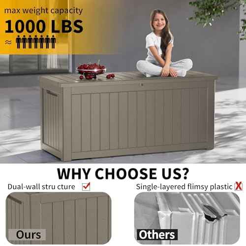 180 Gallon Outdoor Storage Box Patio Deck Box Waterproof, Resin Lockable Outside Large Storage Bin for Pool Cushion Furniture, Garden Tools UV-Resistant, Grey