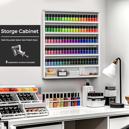 Kikihouse Wood Nail Polish Rack, Wall Mount Nail Polish Organizer, 6 Layers Nail Salon Storage Display Shelves Perfume Bottles Essential Oil Holder w/Acrylic Baffle, White