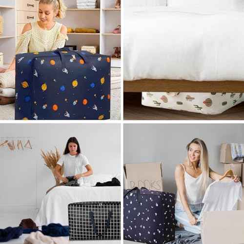 105L Extra Large Storage Bags for Pillow, Blanket, Quilt, King Comforter, Bedding, Clothes, Sheets - Folding Moving Storage Bag Closet Organizers with Strong Handles & Zippers (2 Pack, Blue)