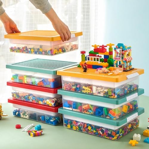 Toys Storage Organizer Box for Lego, Toy Storage Box with Building Plate Lid and Removable Tray, Building Block Storage, Stackable Plastic Organizer Bins(Green)